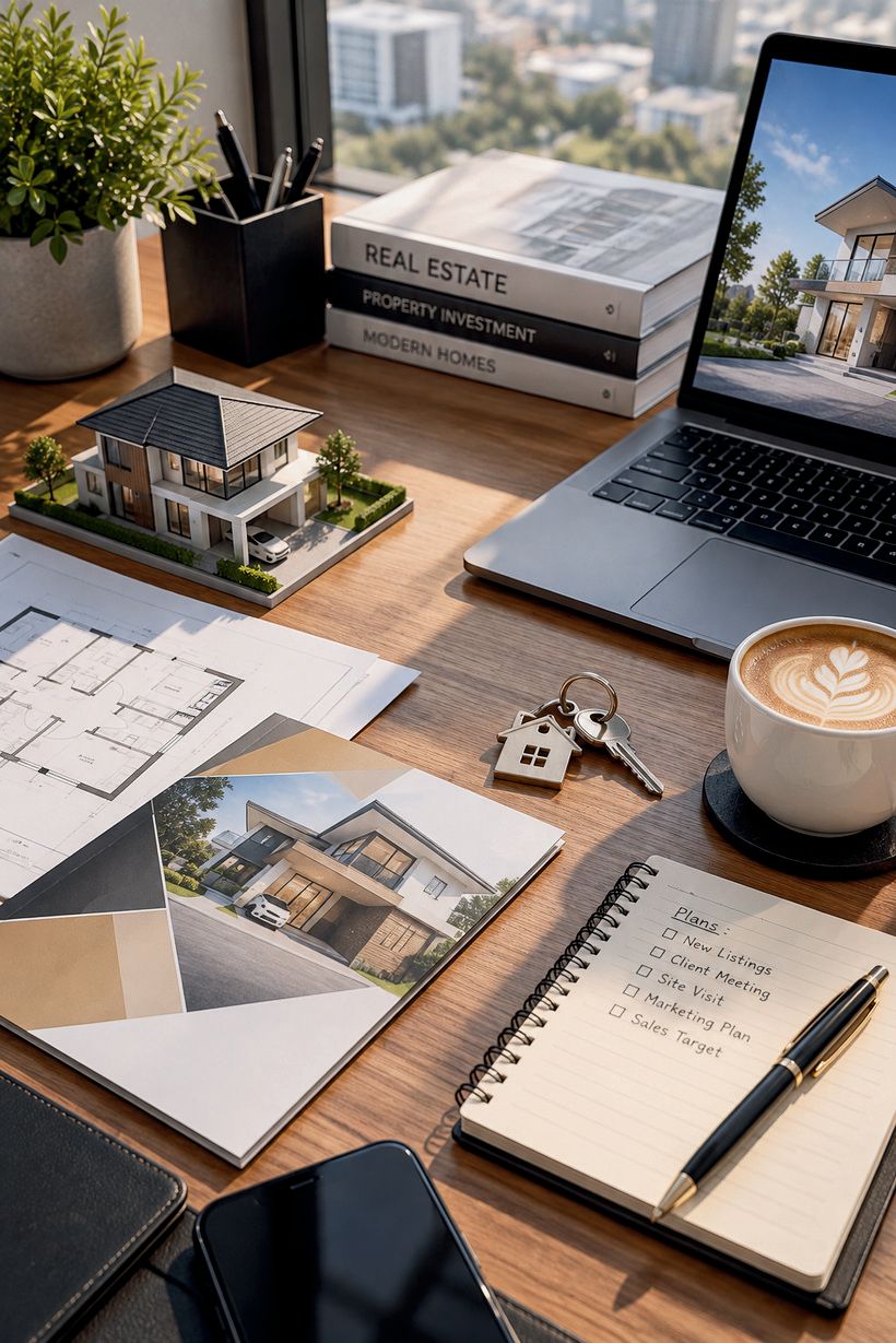 House model, floor plans and keys on a property consultant's desk